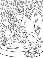 Coloriage de La belle et la bête à la bibliothèque