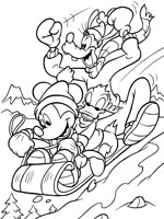 Coloriage de Mickey, Donald et Dingo font de la luge